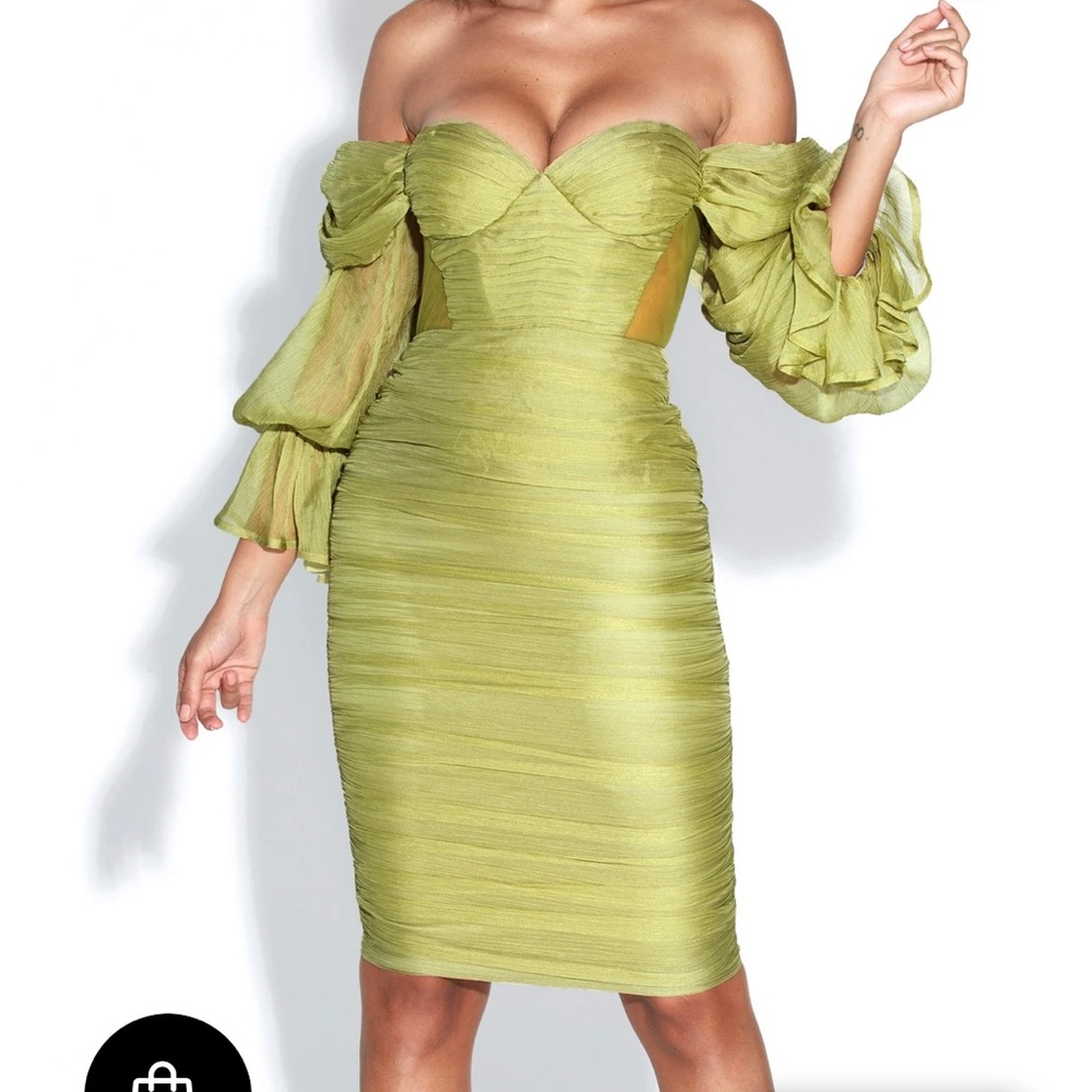 Sirene Silk Pleated Off Shoulder Balloon Sleeves Dress